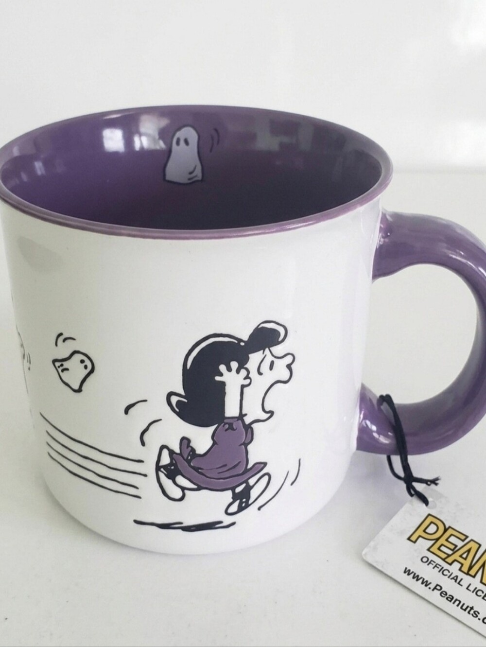 NWT Peanuts Lucy Snoopy Charlie Brown Ghosts Halloween Coffee Mug White Purple